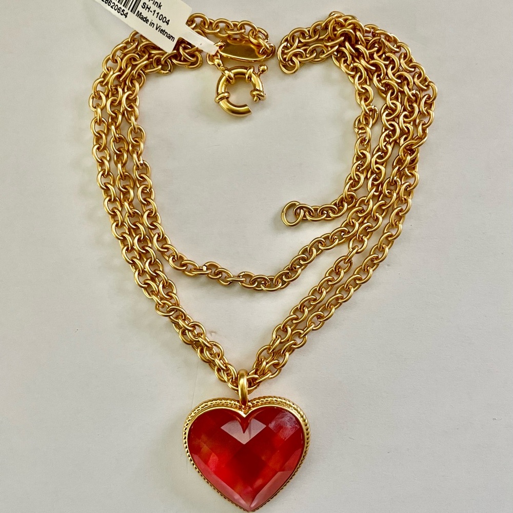 NWT JULIE VOS IRIDESCENT BLUSH PINK HEART GLASS PENDANT LONG NECKLACE - …